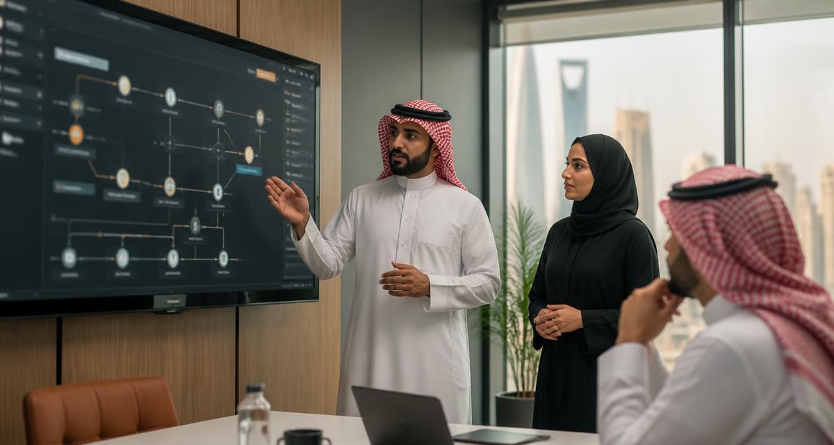 An operations manager presenting an automated workflow diagram to colleagues in a Riyadh office