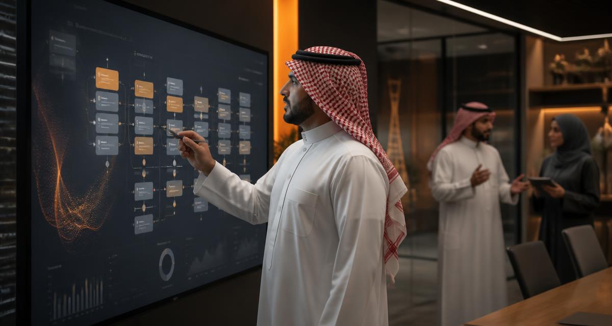 A sales manager reviewing an automated pipeline board on a large screen in a modern Saudi office