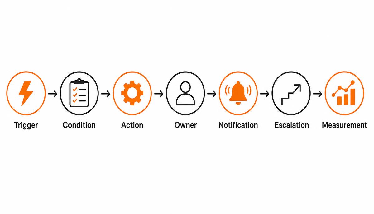 Diagram of a CRM automation rule as a sequence: trigger, condition, action, owner, notification, escalation and measurement