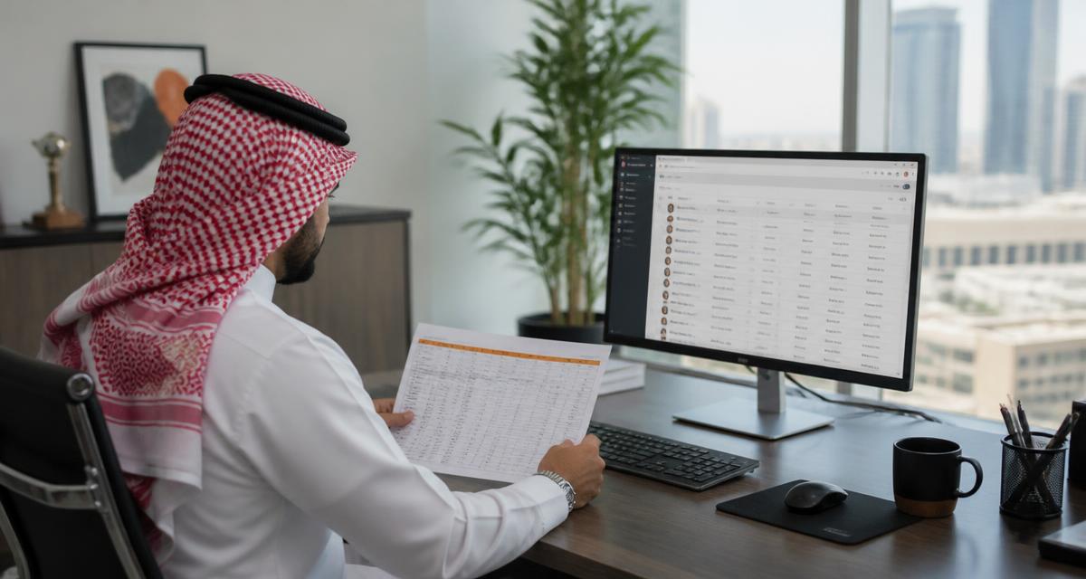 A business analyst in a Riyadh office comparing a printed customer spreadsheet with a CRM contact database on screen