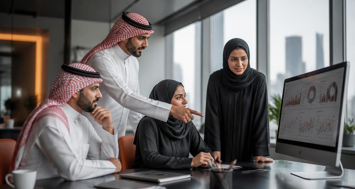 A sales team in a Riyadh office reviewing a customer pipeline dashboard together
