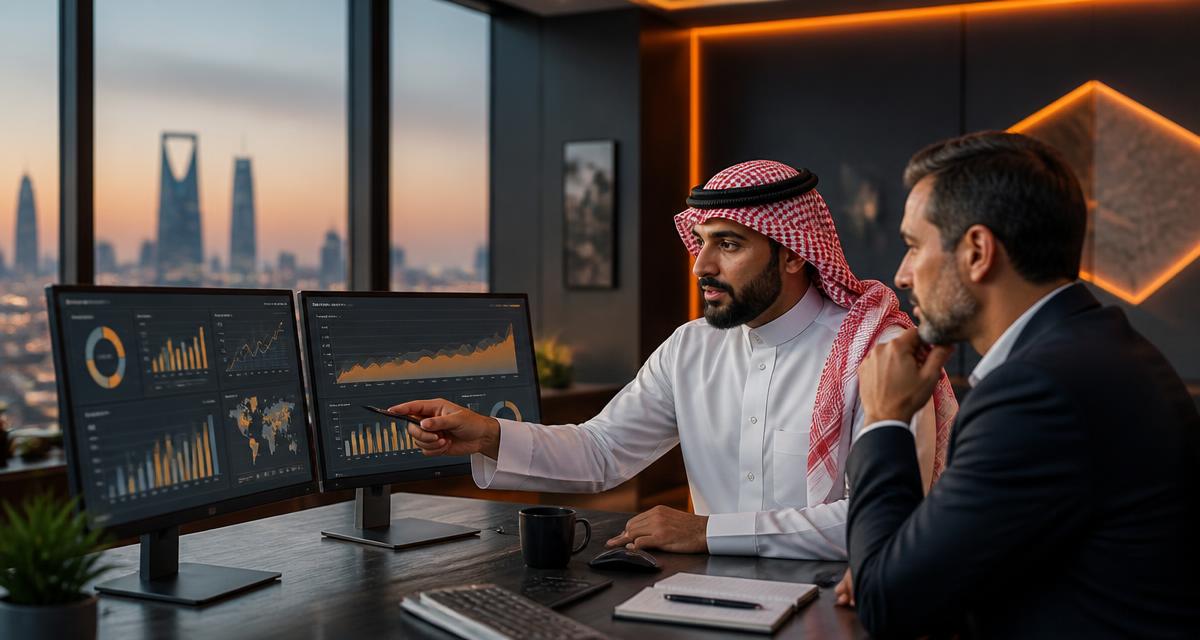 Two Saudi business managers comparing sales and operations dashboards on separate screens in a Riyadh office