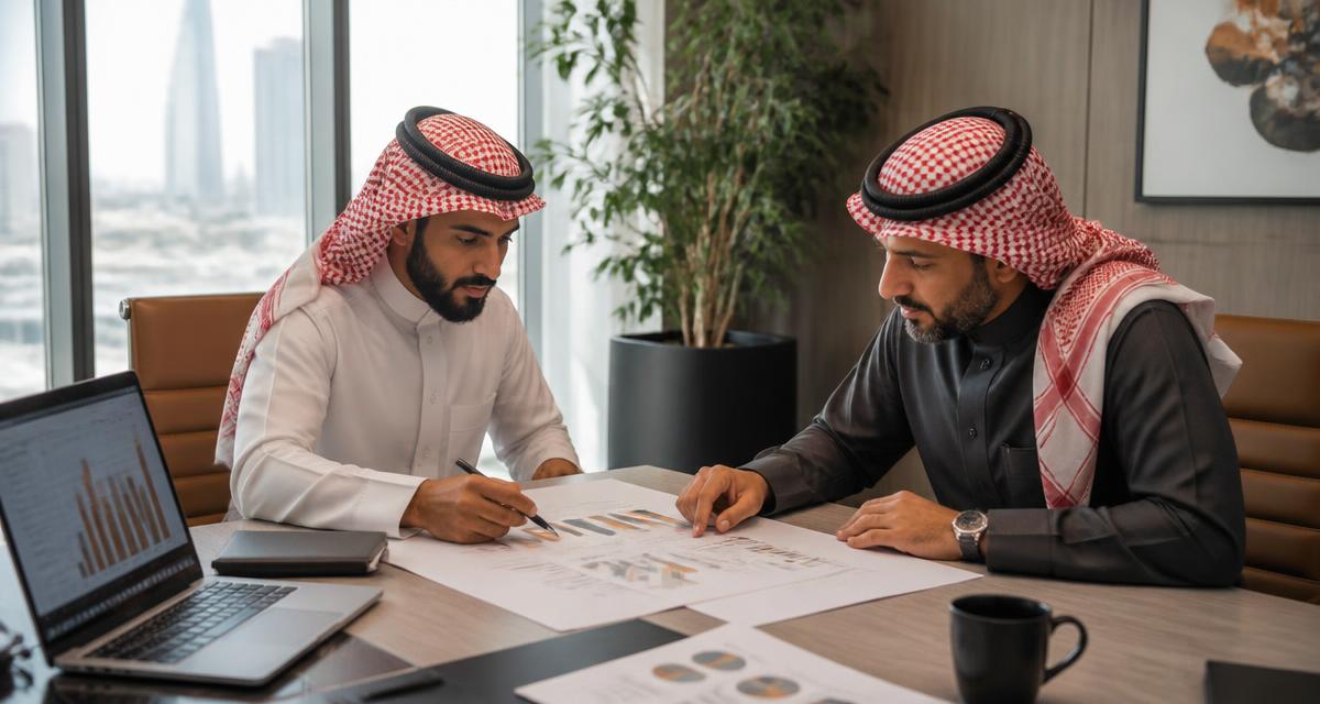 Two Saudi managers reviewing a phased digital transformation budget and roadmap in a Riyadh office