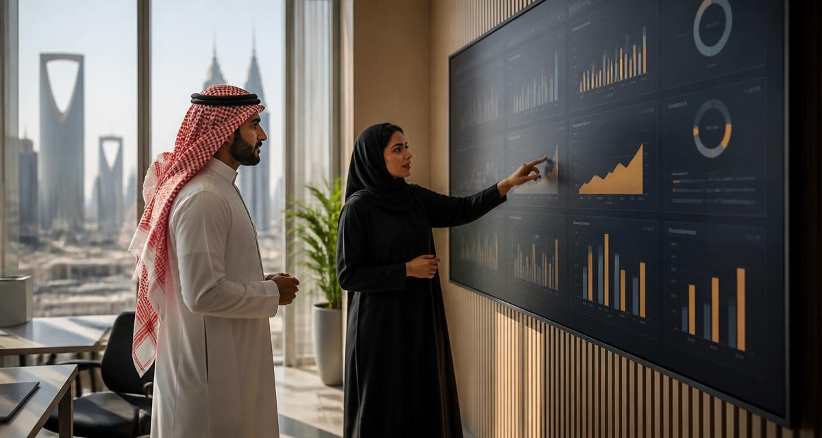 Two Saudi professionals reviewing operational dashboards on a large screen in a Riyadh office