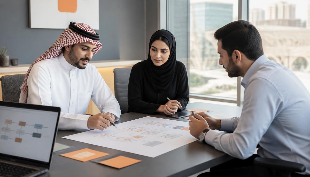 A small Saudi business team mapping an existing operational process on paper before selecting software
