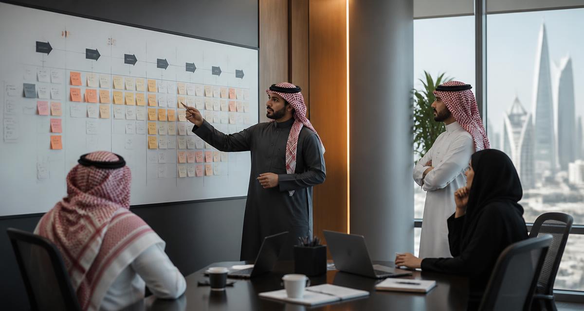 A Saudi leadership team planning a phased transformation roadmap on a whiteboard in a Riyadh boardroom