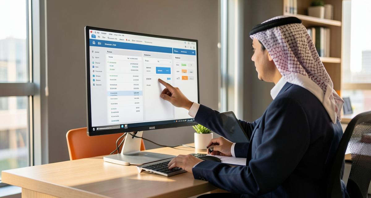 An operations manager reviewing an ERP dashboard showing inventory and invoicing screens in a Saudi office