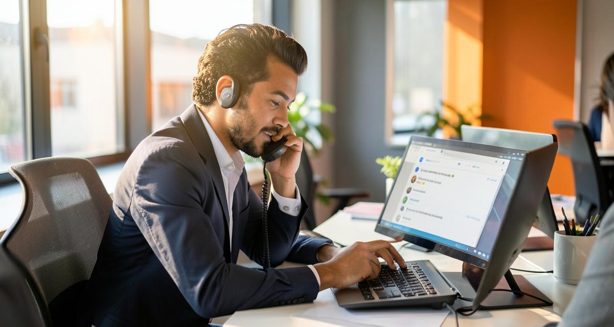 A support agent handling business messaging conversations on a phone and desktop in a modern office