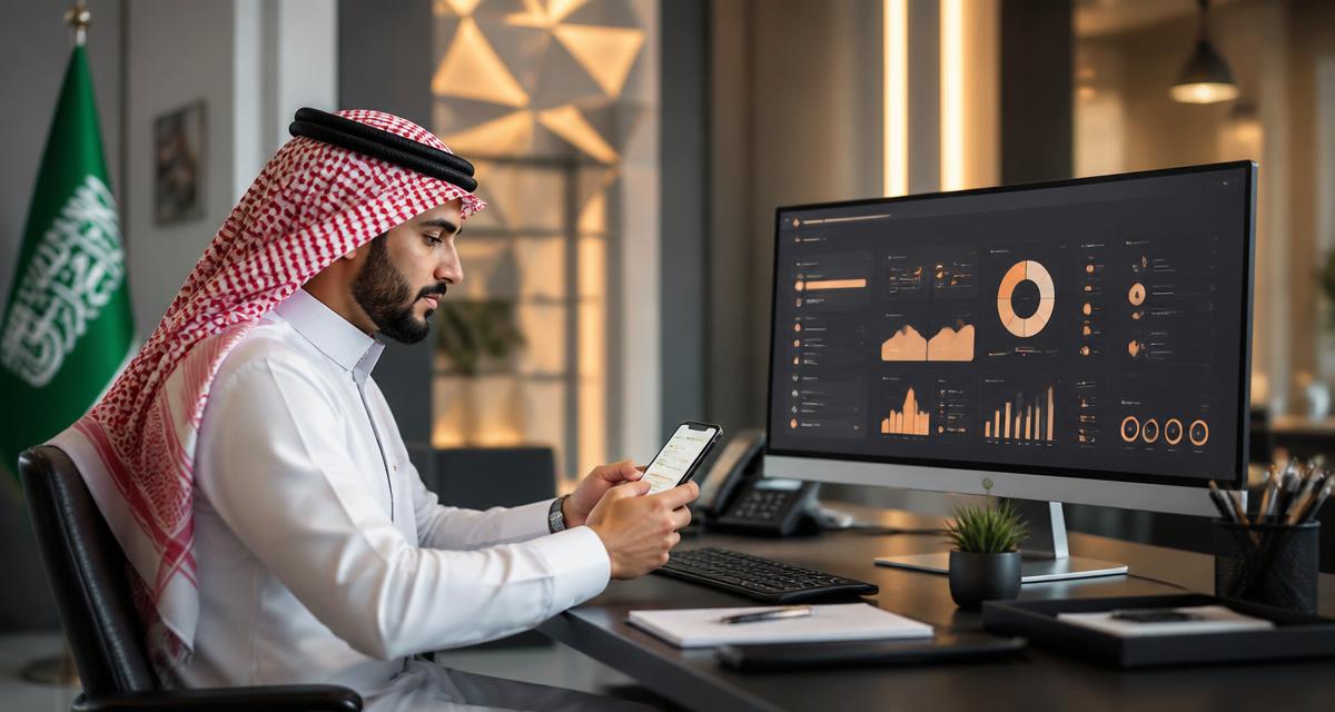 A sales employee in a Saudi office replying to customer messages on a phone beside a CRM dashboard on a monitor