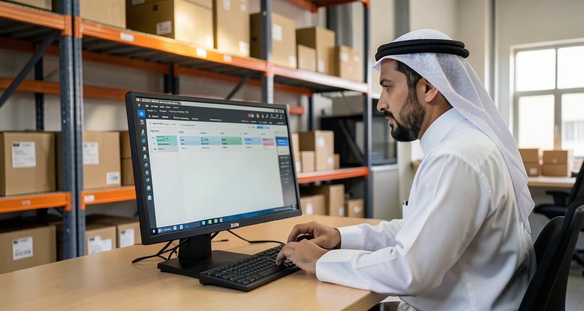 An operations manager in a Saudi distribution warehouse reviewing an ERP inventory screen