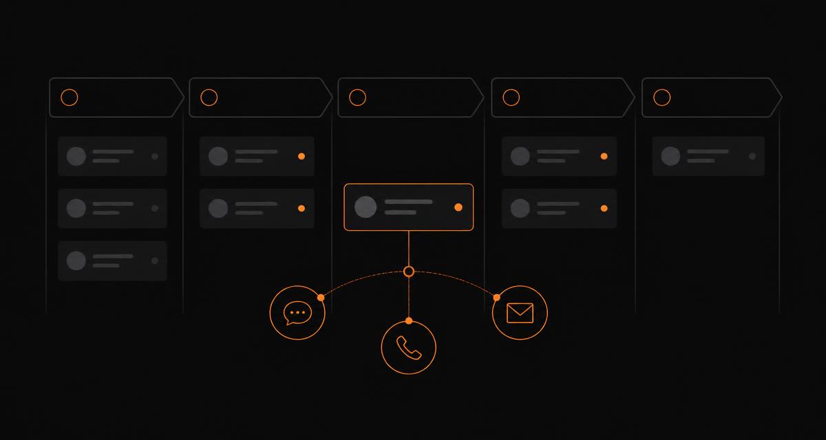 Abstract illustration of a CRM sales pipeline with chat, phone and email channels feeding a single customer record